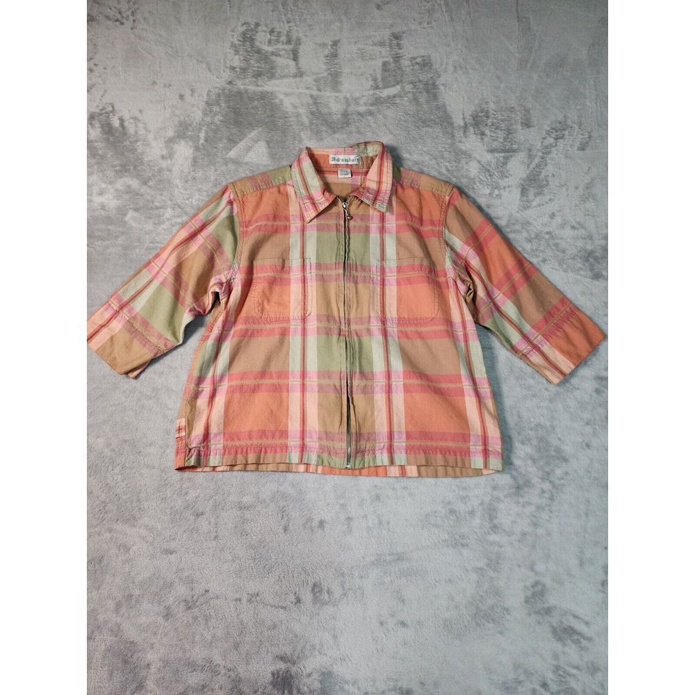 Dressbarn Womens Zip-Up Light Jacket Sz M Orange Pink Green Plaid Pockets